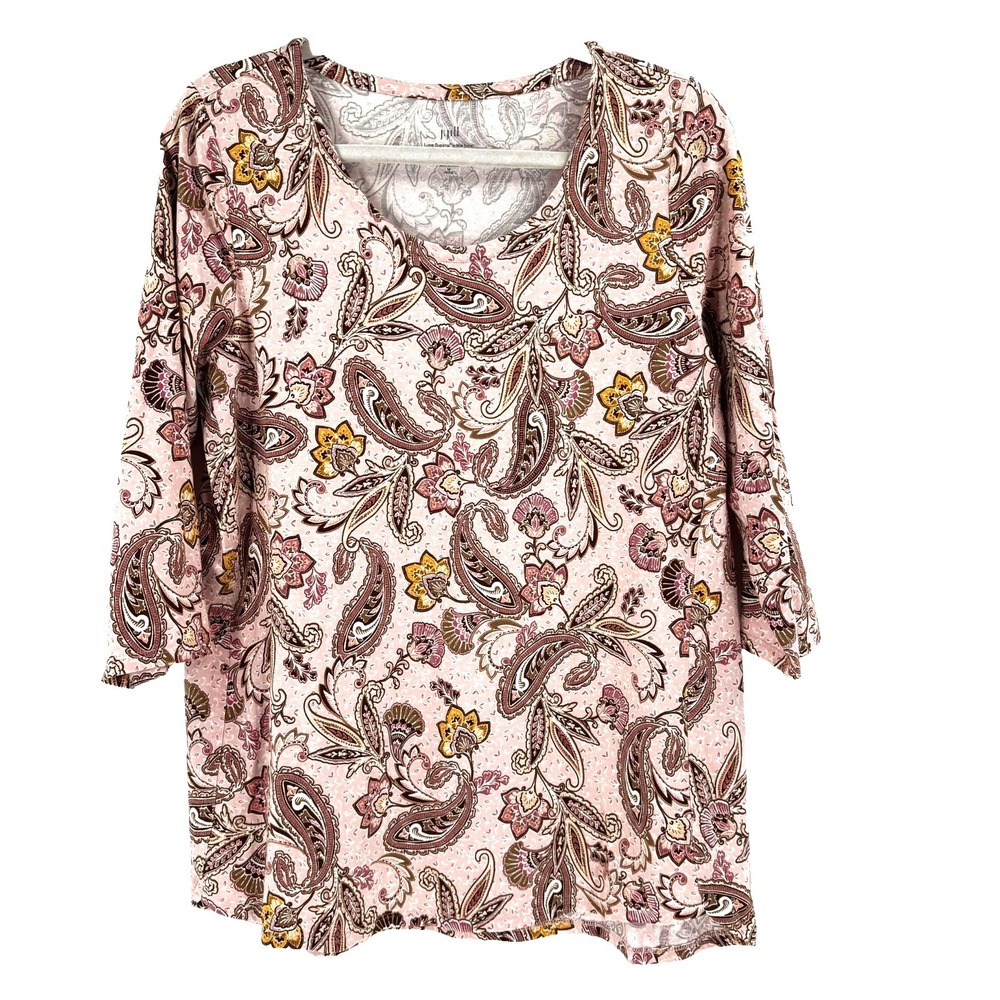 J Jill Luxe Supima A-Line Tunic Top Pink Paisley Floral Womens Medium 3/4 Sleeve